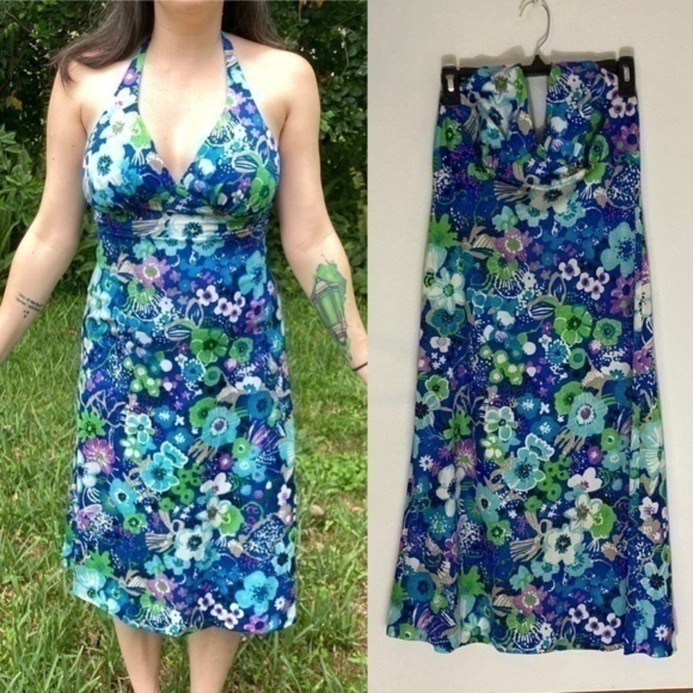 Vintage 60s cool tone floral halter top dress